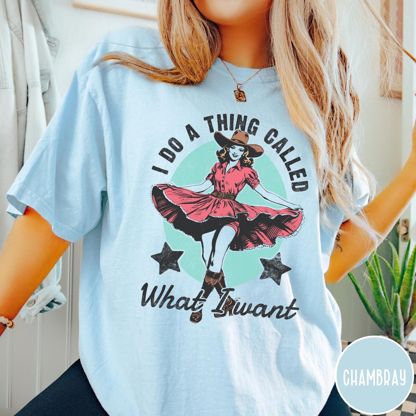 Comfort Colors tee in Chambray featuring cowgirl design style with a dancing woman in a pink dress