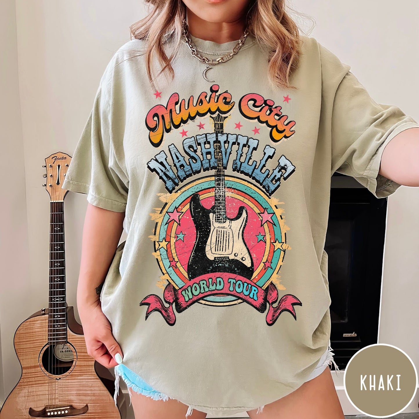 Comfort Colors tee in Khaki featuring retro style Nashville Music City guitar graphic with colorful circular design