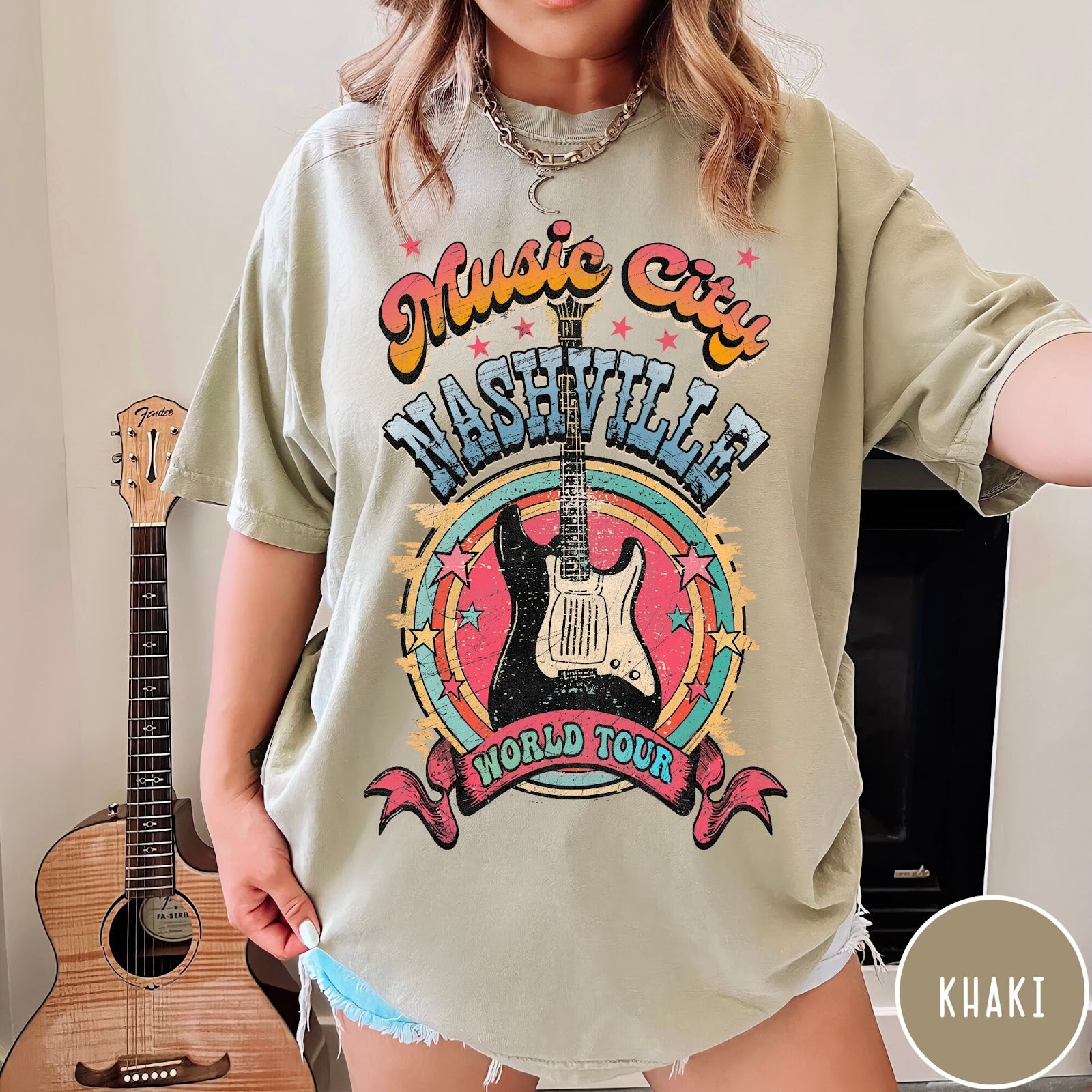 Comfort Colors tee in Khaki featuring retro style Nashville Music City guitar graphic with colorful circular design
