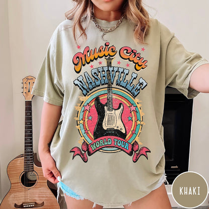 Comfort Colors tee in Khaki featuring retro style Nashville Music City guitar graphic with colorful circular design