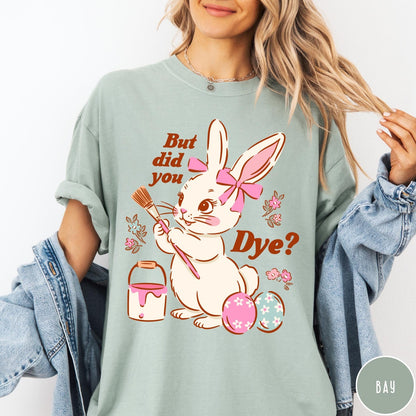 Comfort Colors tee in Bay featuring Easter bunny design with paintbrush, paint bucket, and decorated Easter eggs