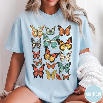 Comfort Colors tee in Chambray featuring butterfly collection design with various colorful butterfly illustrations in a grid