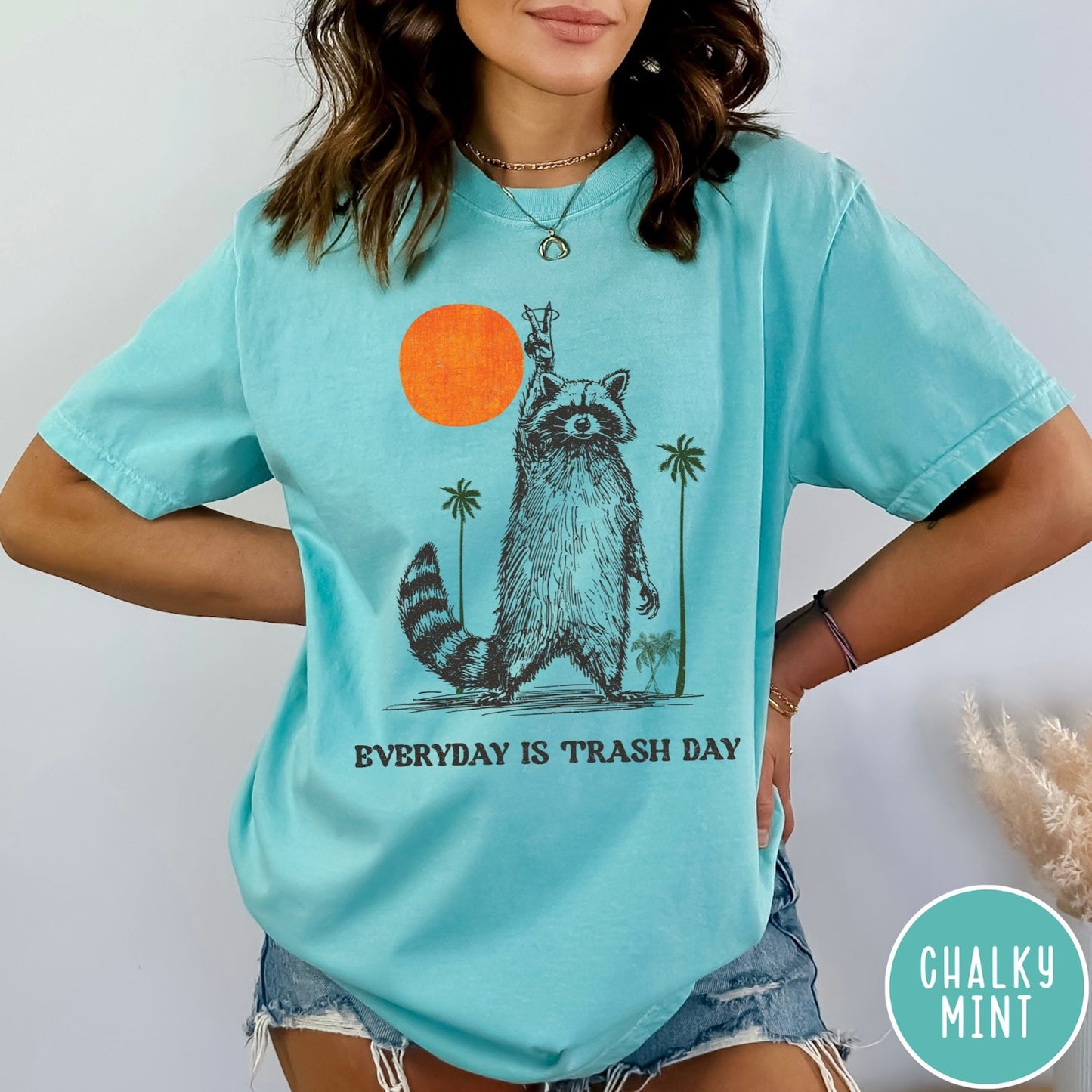 Comfort Colors tee in Chalky Mint featuring vintage style graphic of a raccoon making a peace sign
