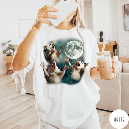 Comfort Colors tee in White featuring vintage graphic style with three screaming possums reaching for the moon