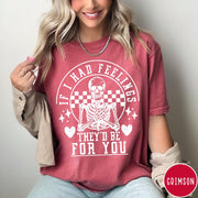 Comfort Colors tee in Crimson featuring skeleton graphic with checkered circle and If I Had Feelings text