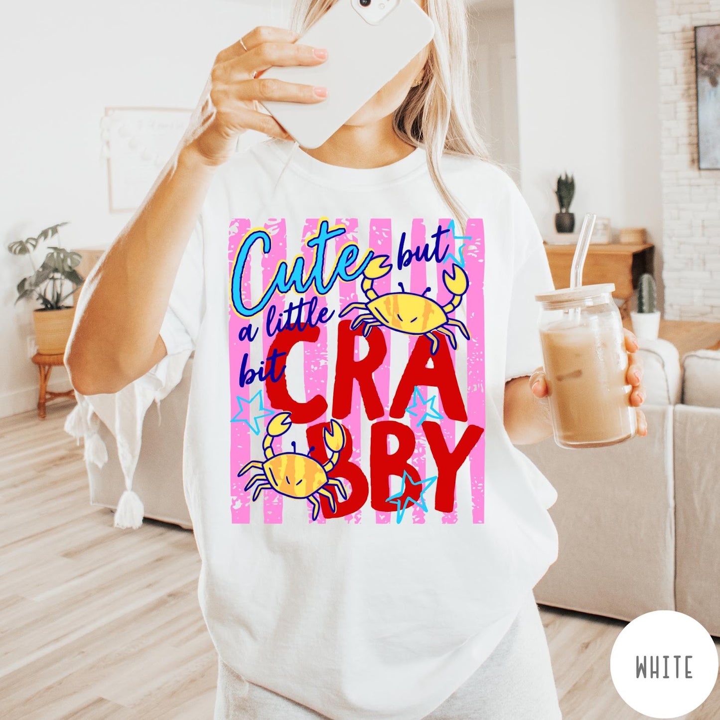 Comfort Colors tee in White featuring graphic design with crabs and text reading Cute but a little bit Crabby