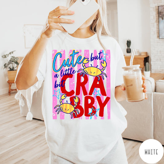 Comfort Colors tee in White featuring graphic design with crabs and text reading Cute but a little bit Crabby