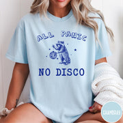 Comfort Colors tee in Chambray featuring screen printed raccoon graphic holding a disco ball with star accents