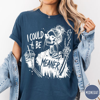Comfort Colors tee in Midnight featuring skeleton graphic with sunglasses, messy bun, iced coffee, and lightning bolt.