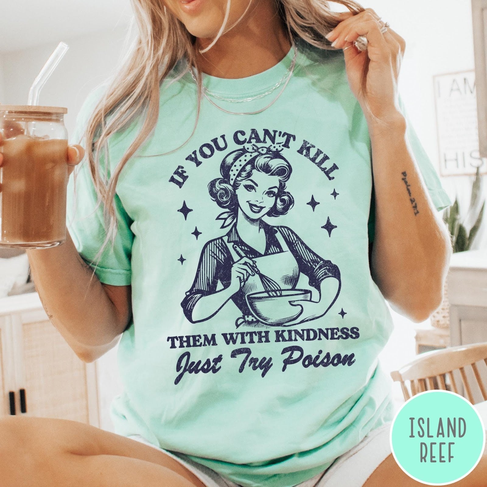 Comfort Colors tee in Island Reef featuring retro housewife design with a woman whisking a bowl and text
