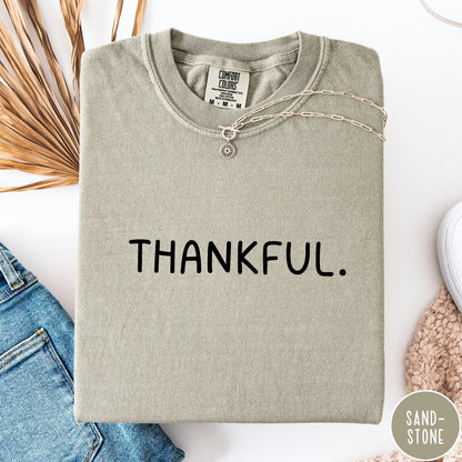 Comfort Colors tee in Sandstone featuring minimalist style with the word Thankful printed in black text