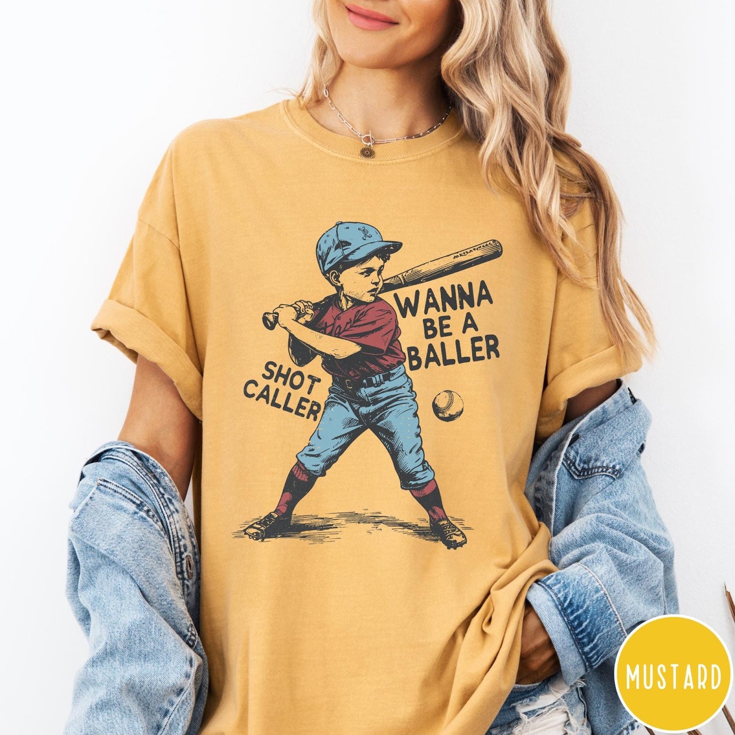 Comfort Colors tee in Mustard featuring vintage style baseball player graphic with Wanna Be a Baller text