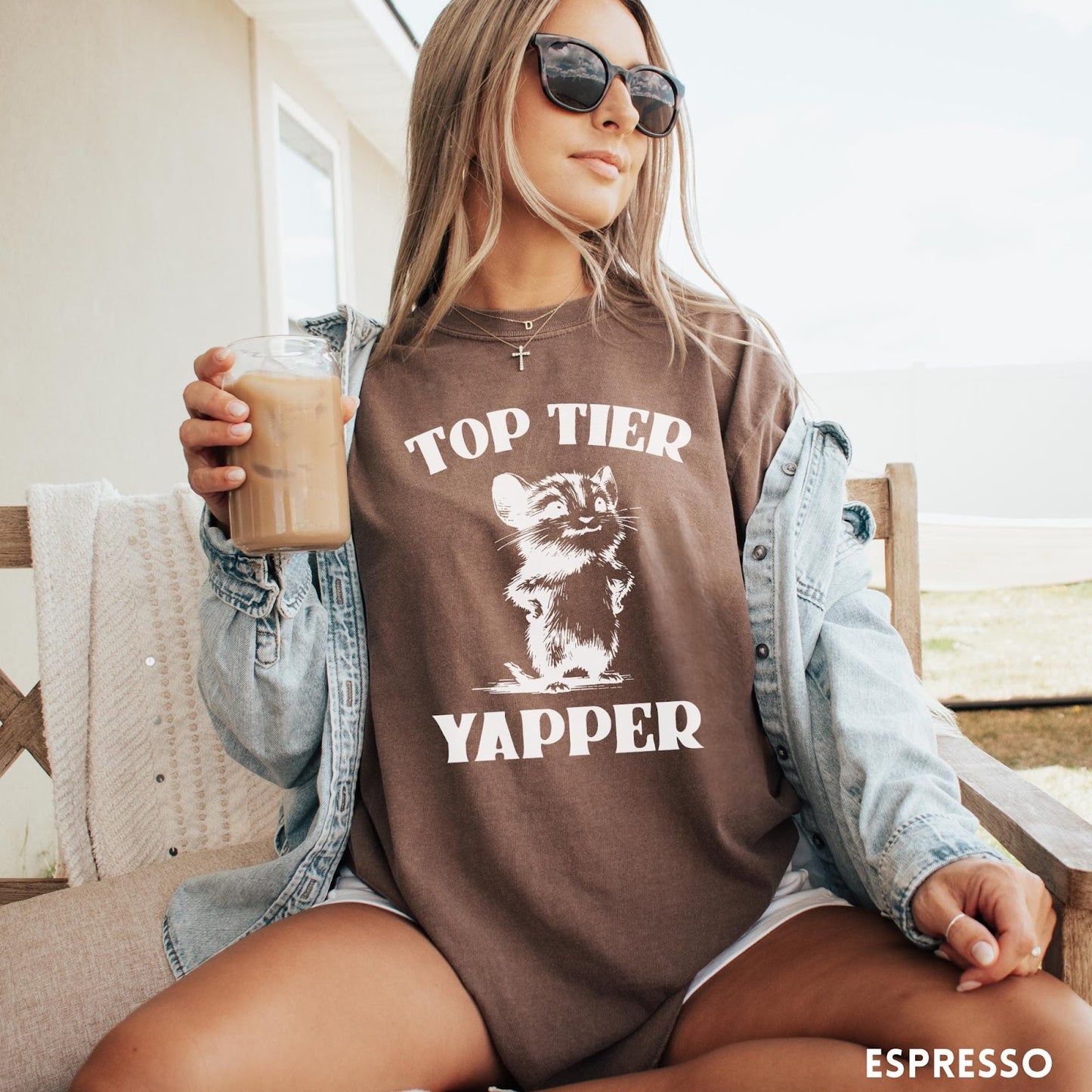 Comfort Colors tee in Espresso featuring graphic design of a chattering animal with Top Tier Yapper text