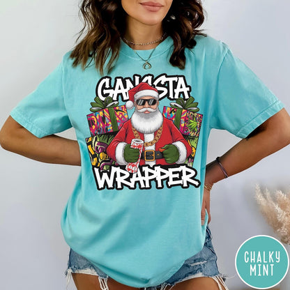 Comfort Colors tee in Chalky Mint featuring graphic Santa Claus wearing sunglasses and gold chain, Gangsta Wrapper text
