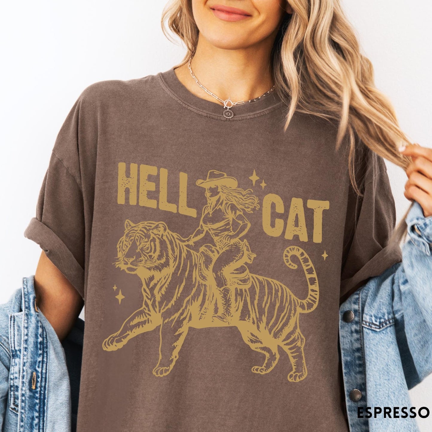 Comfort Colors tee in Espresso featuring western style graphic of a cowgirl riding a large tiger