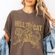 Comfort Colors tee in Espresso featuring western style graphic of a cowgirl riding a large tiger