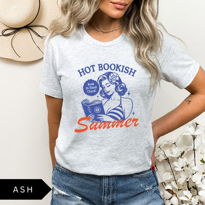 Comfort Colors tee in Ash featuring pinup girl reading a book graphic design with blue and orange ink