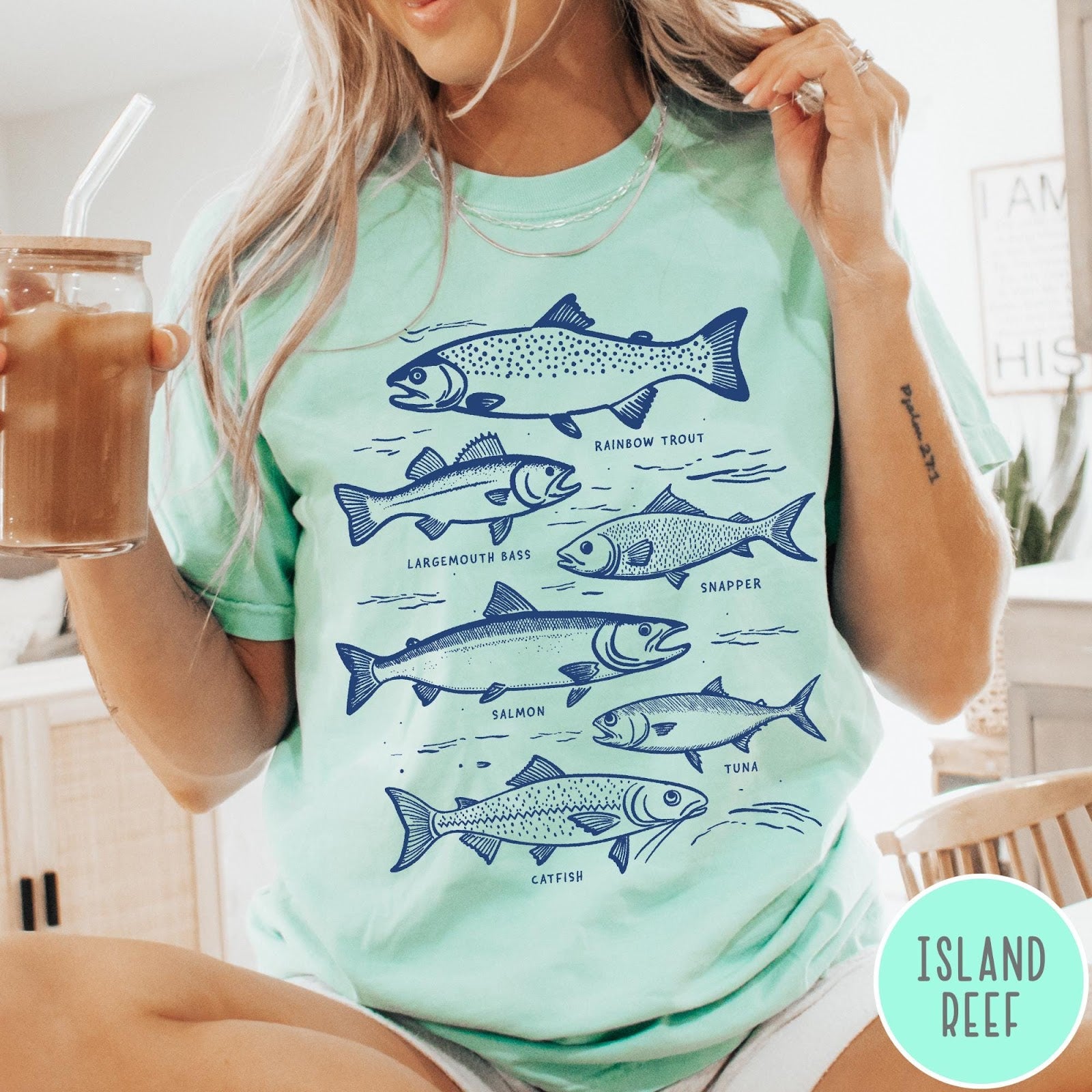Comfort Colors tee in Pepper featuring vintage line illustration of various fish species with their names labeled.