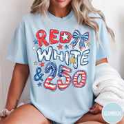Comfort Colors tee in Chambray featuring patriotic 250th anniversary graphic with red white and blue stars and bow