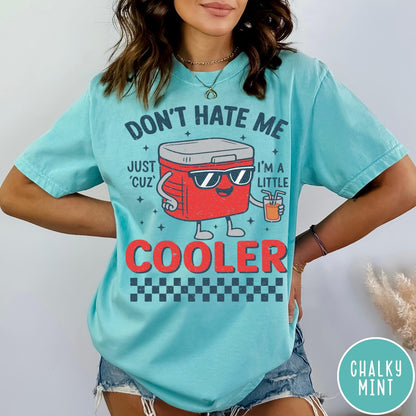 Comfort Colors tee in Chalky Mint featuring retro cooler graphic with sunglasses and a drink with text