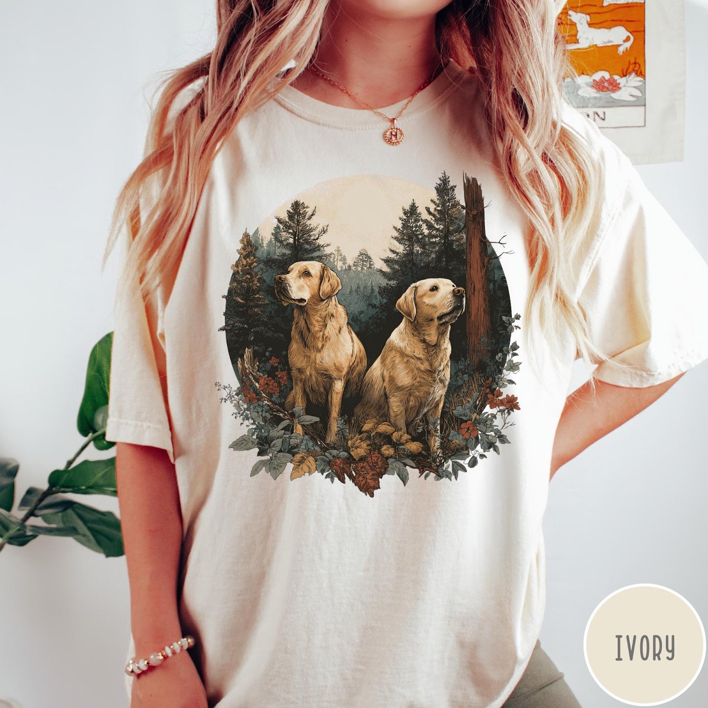 Comfort Colors tee in Ivory featuring vintage style graphic of two golden labrador dogs in a forest