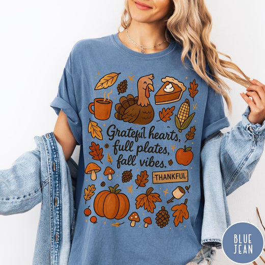 Comfort Colors tee in Blue Jean featuring fall design style with turkey, pumpkin, pie, and autumn harvest elements