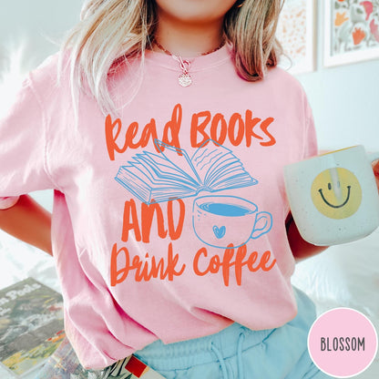 Comfort Colors tee in Blossom featuring books and coffee graphic design with open book and coffee cup