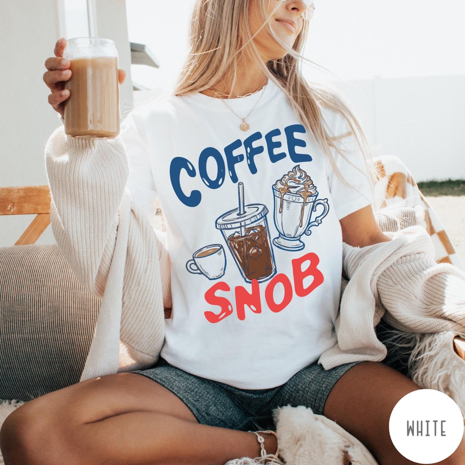 Comfort Colors tee in White featuring illustrated coffee graphic with iced coffee, hot coffee, and whipped cream.