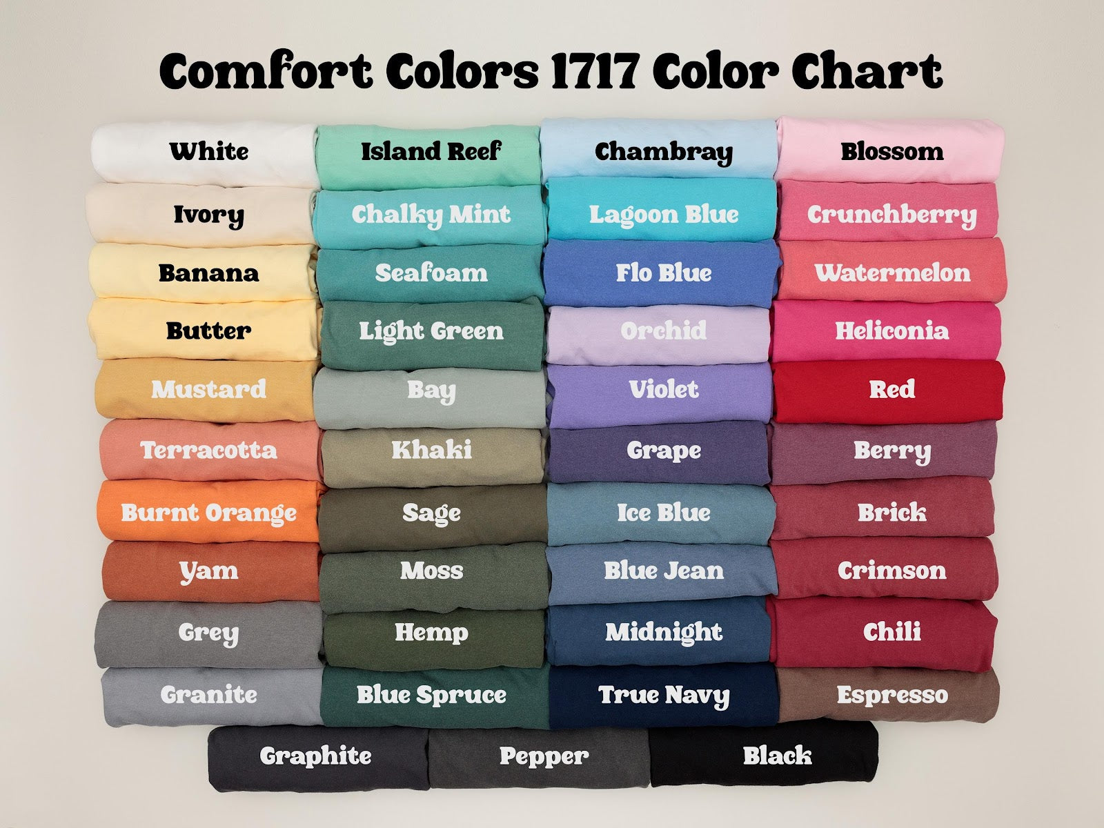 Comfort Colors 1717 tee color chart showing a grid of available garment colors with names for each.