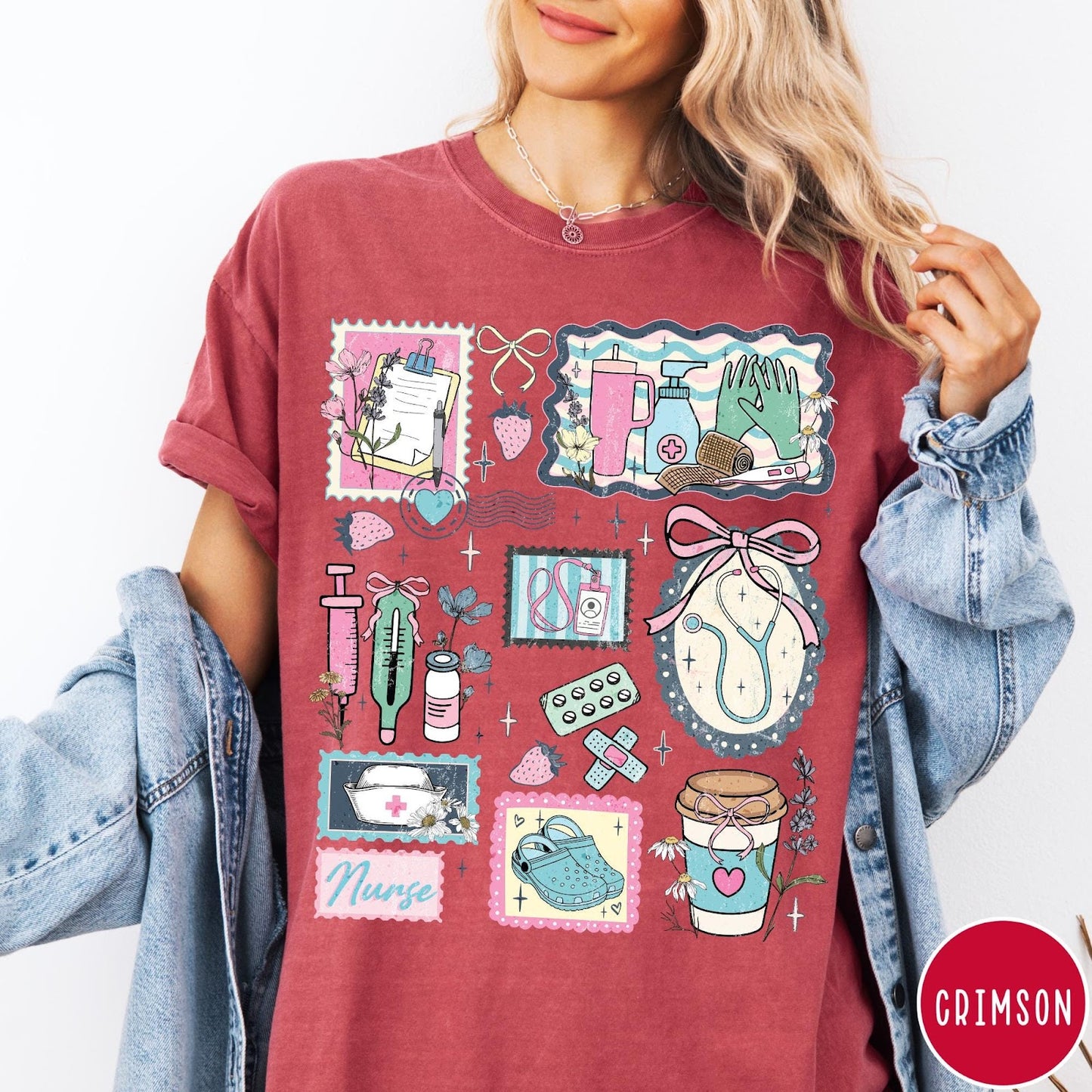 Comfort Colors tee in Crimson featuring collage style nursing profession graphic with medical supplies and floral accents