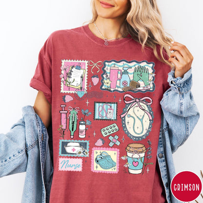 Comfort Colors tee in Crimson featuring collage style nursing profession graphic with medical supplies and floral accents