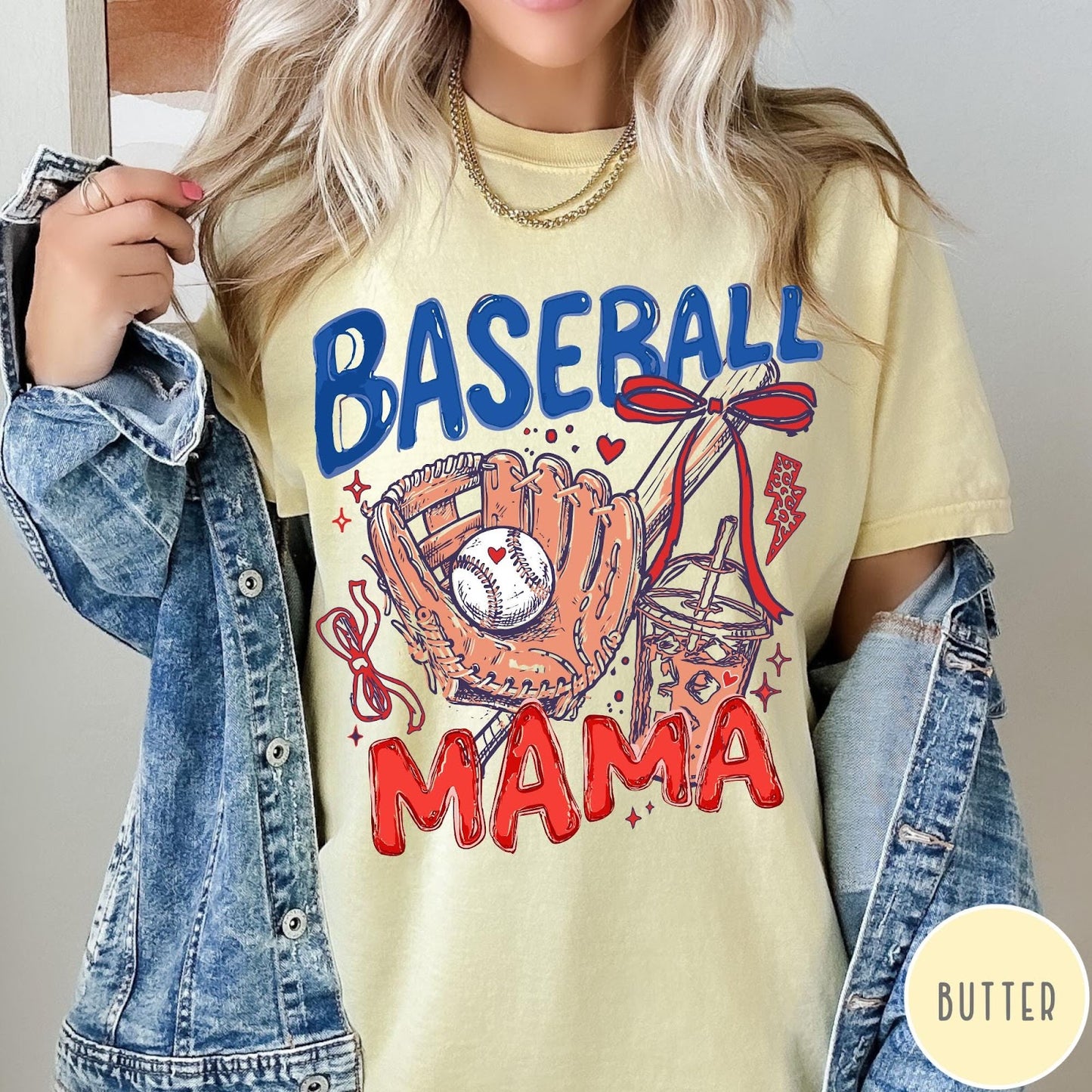 Comfort Colors tee in Butter featuring baseball graphic with glove, iced coffee, and red bows