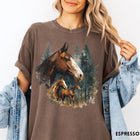 Comfort Colors tee in Espresso featuring vintage style graphic of three horses standing in a pine forest