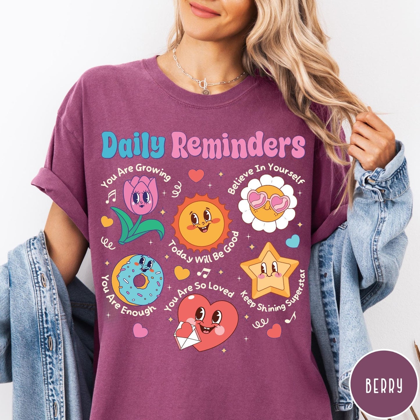 Comfort Colors tee in Berry featuring retro mascot graphic with daily affirmations and cute cartoon characters