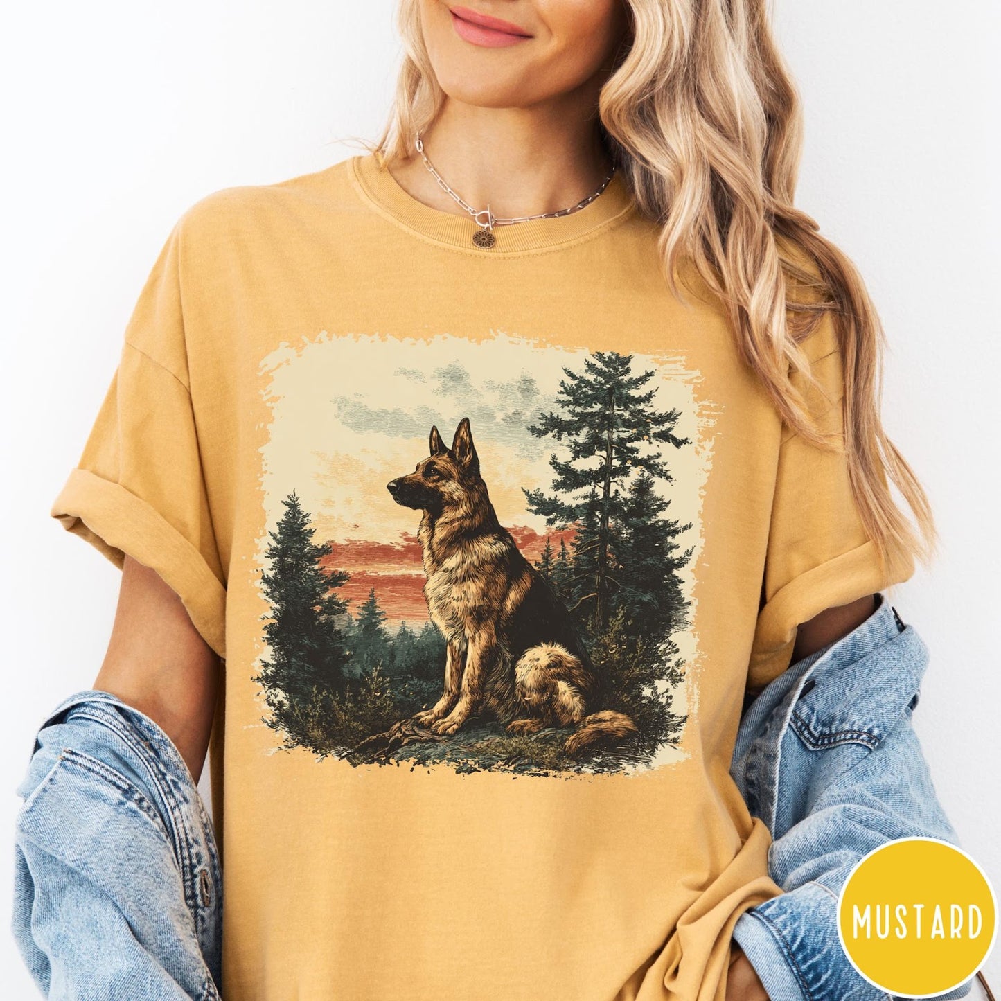 Comfort Colors tee in Mustard featuring vintage style graphic of a German Shepherd sitting in a forest