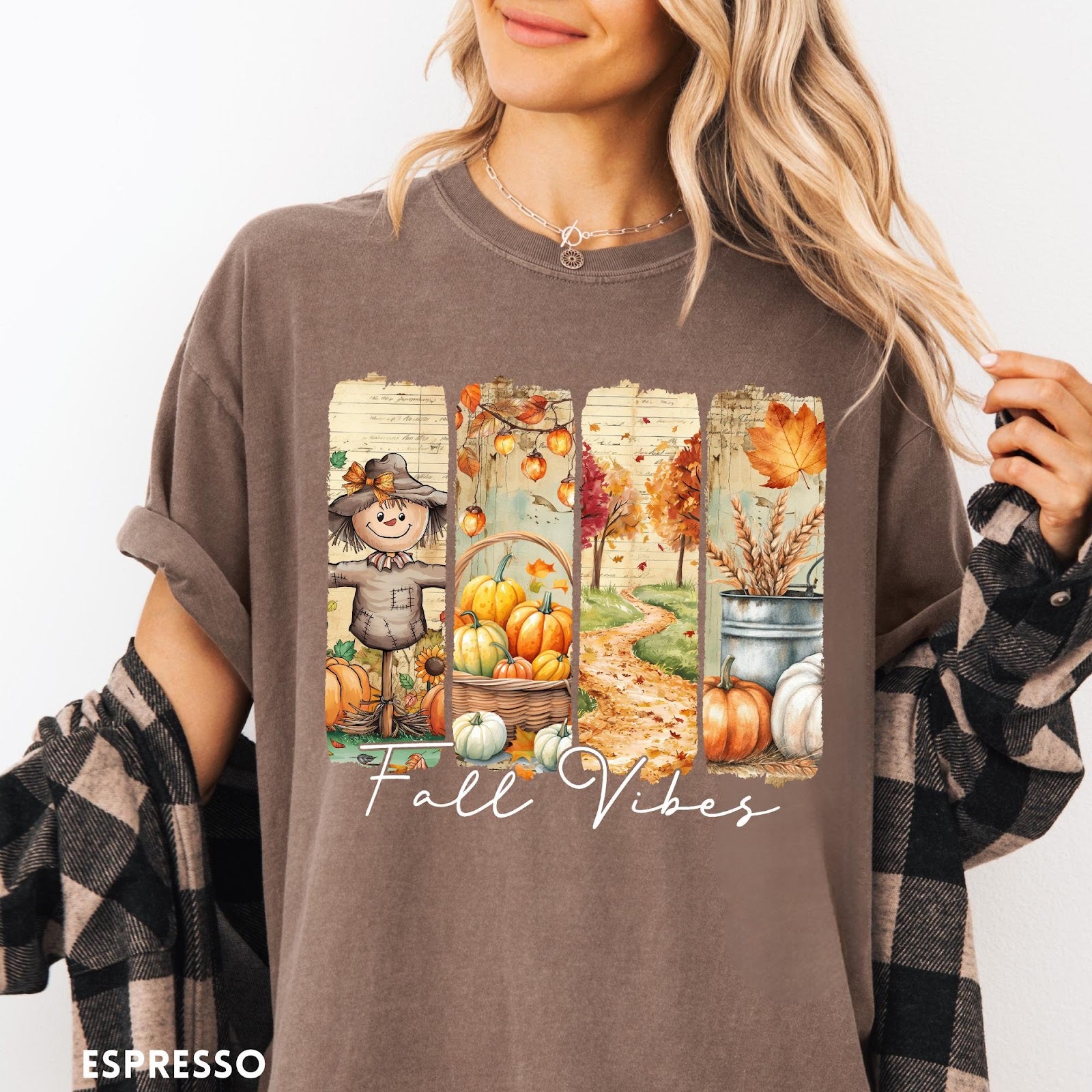 Comfort Colors tee in Espresso featuring autumn harvest graphic with a scarecrow, pumpkins, and fall foliage scenes