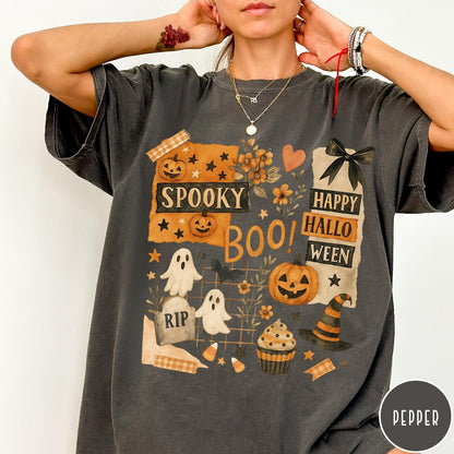 Comfort Colors tee in Pepper featuring Halloween collage design with pumpkins, ghosts, and festive autumn graphics