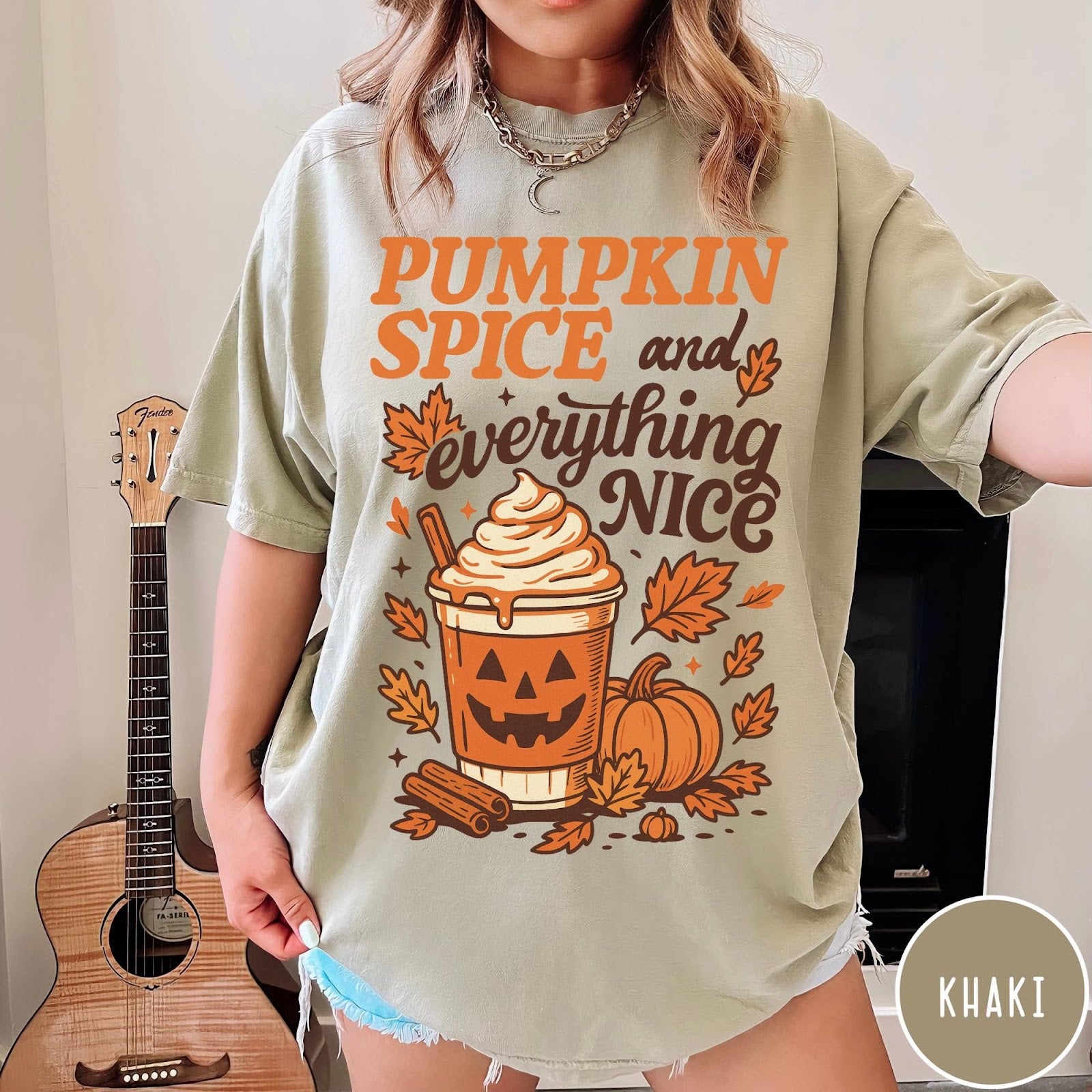 Comfort Colors tee in Khaki featuring autumn design with pumpkin spice latte and fall leaves graphic