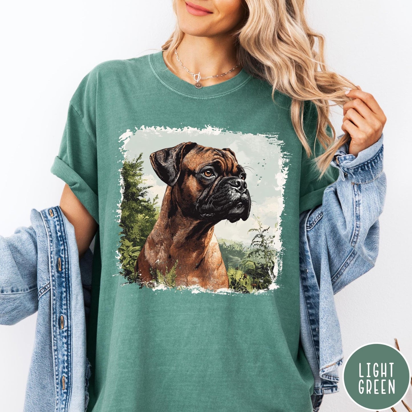 Comfort Colors tee in Light Green featuring vintage style graphic of a Boxer dog in a forest setting