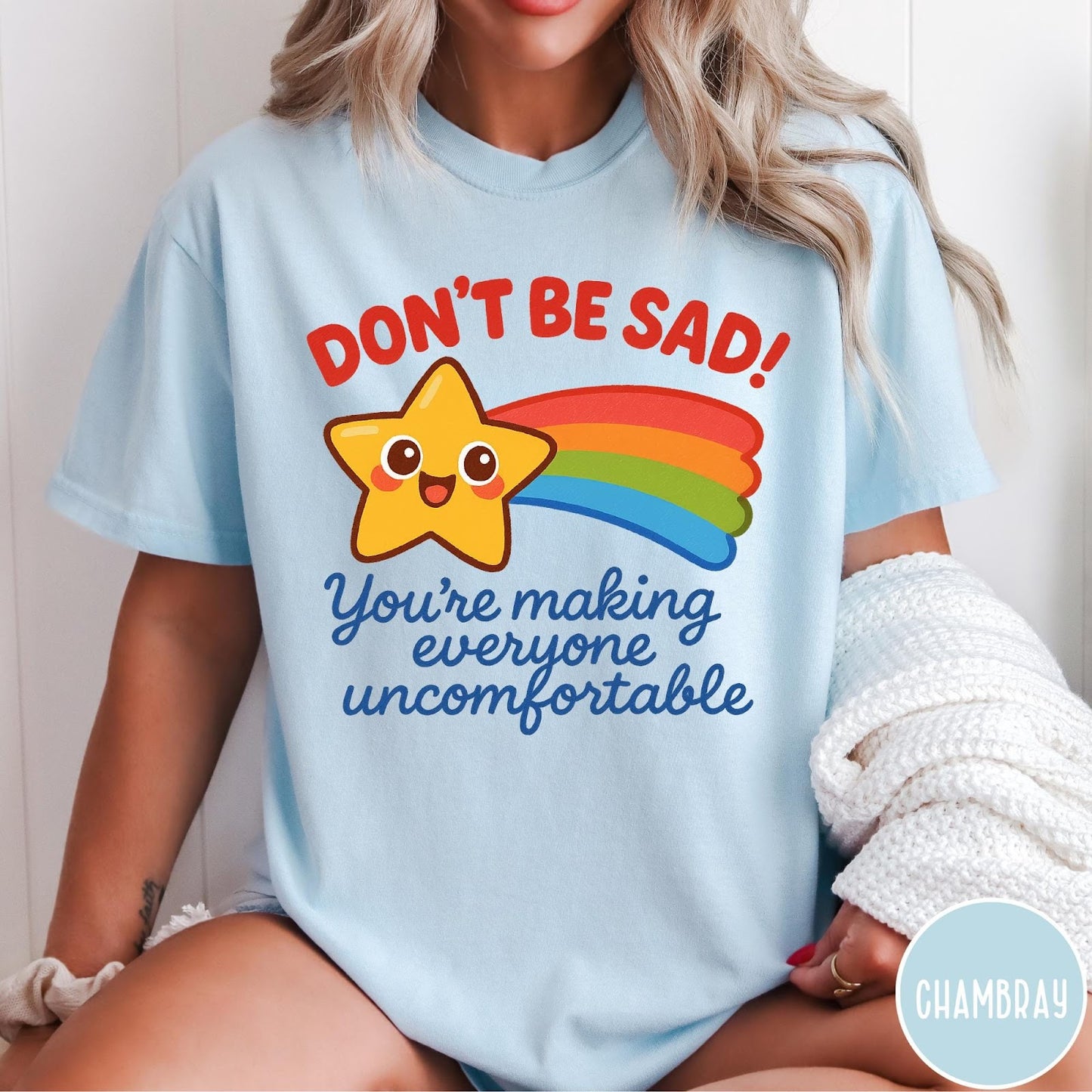 Comfort Colors tee in Chambray featuring cute shooting star graphic with Don't Be Sad text