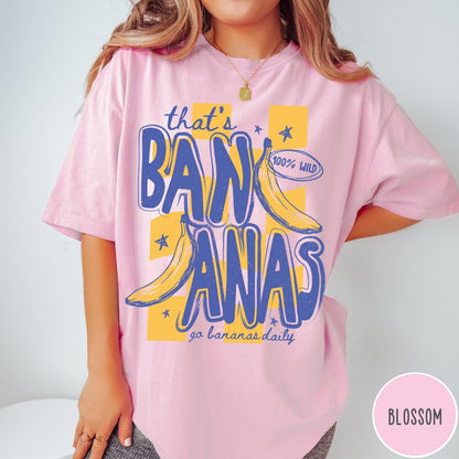 Comfort Colors tee in Blossom featuring retro style graphic with bananas and text that says that's bananas