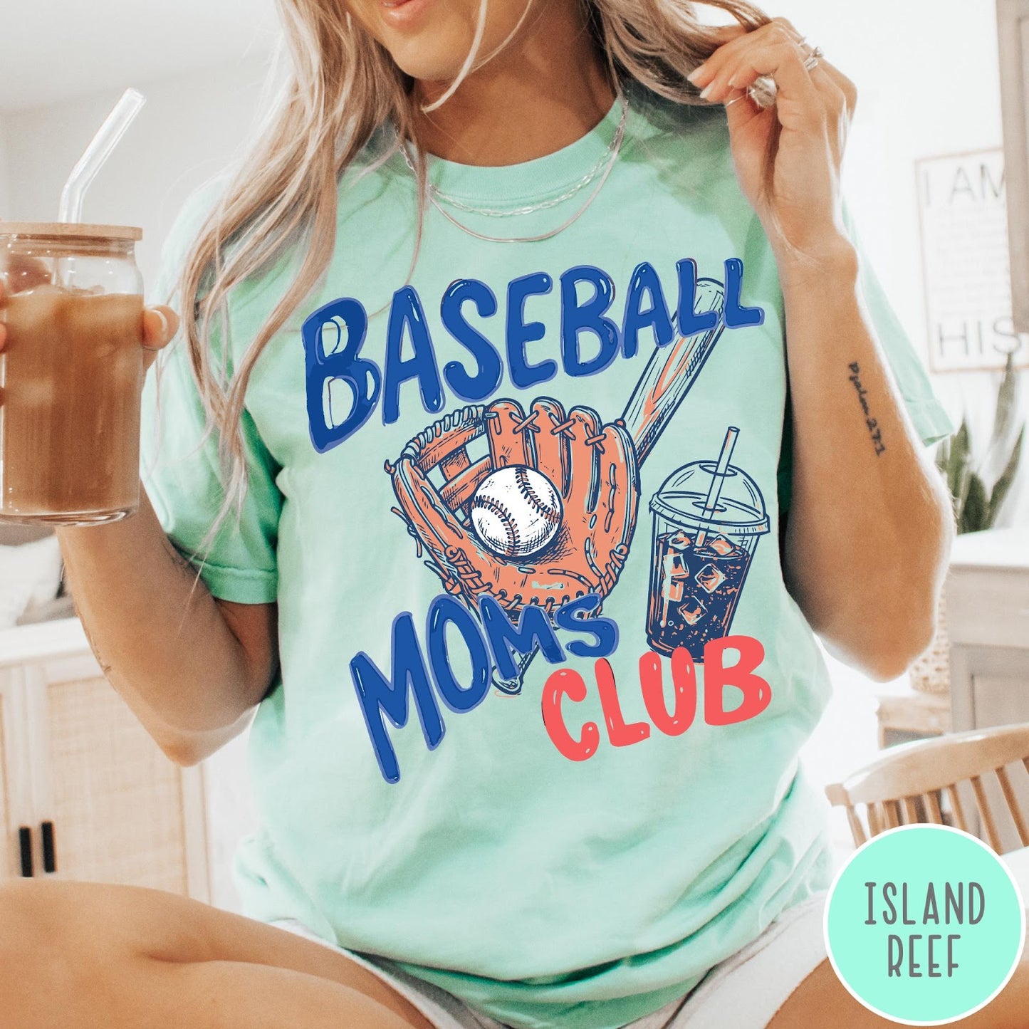 Comfort Colors tee in Island Reef featuring baseball mom graphic with a glove, ball, bat, and iced coffee