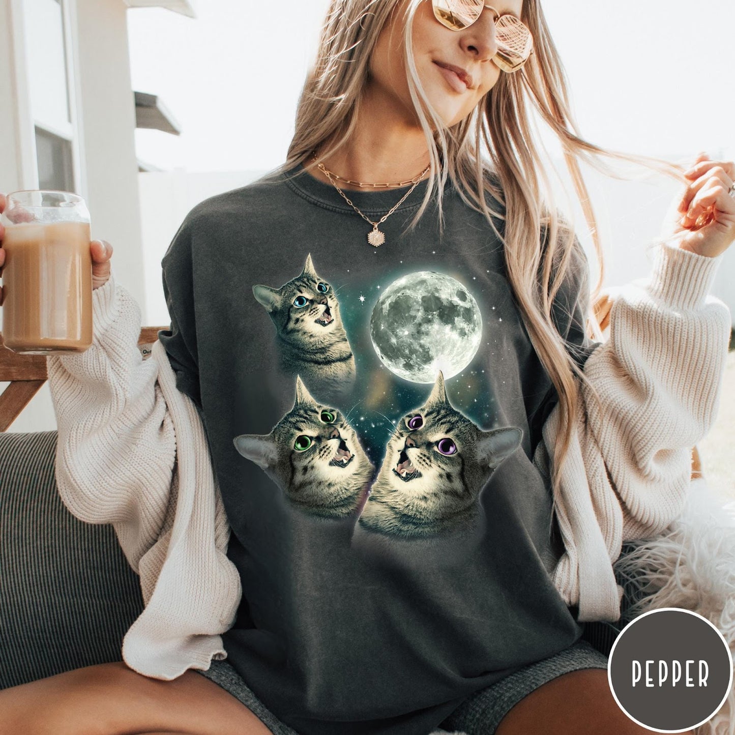 Comfort Colors tee in Pepper featuring retro style graphic of three cats looking up at the moon