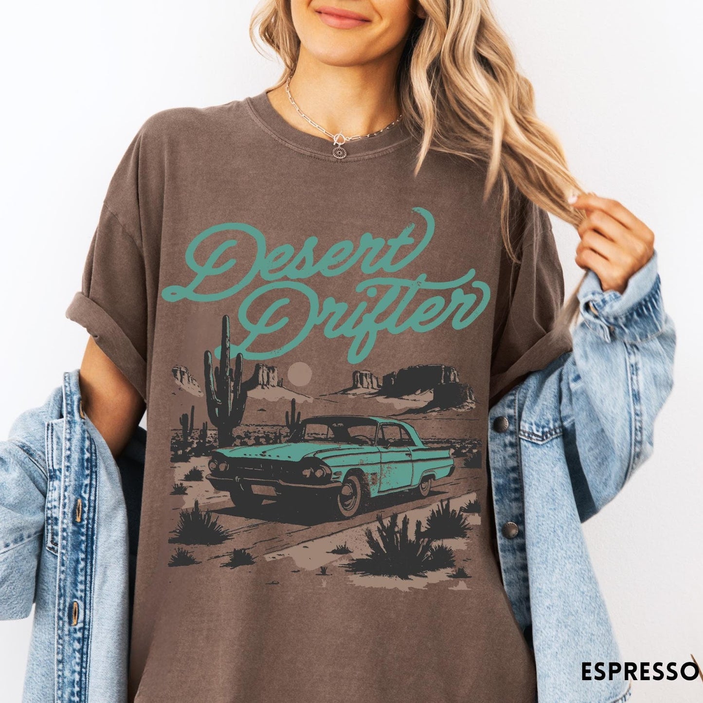 Comfort Colors tee in Espresso featuring vintage style graphic of a classic car in a desert landscape
