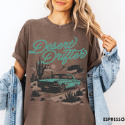 Comfort Colors tee in Espresso featuring vintage style graphic of a classic car in a desert landscape