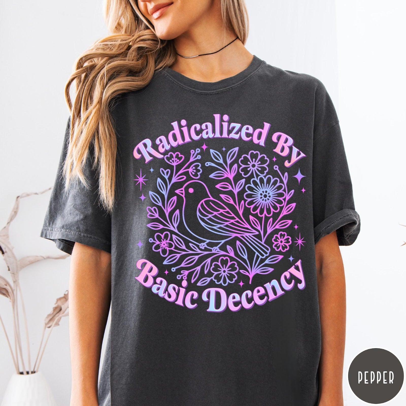 Comfort Colors tee in Pepper featuring floral design style with a bird and flowers graphic print