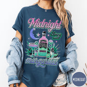 Comfort Colors tee in Midnight featuring retro style graphic with tequila bottle, margarita glass, and moon.
