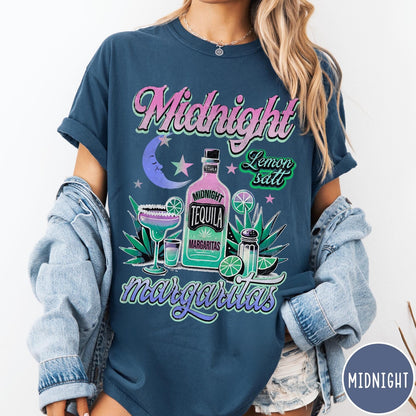 Comfort Colors tee in Midnight featuring retro style graphic with tequila bottle, margarita glass, and moon.