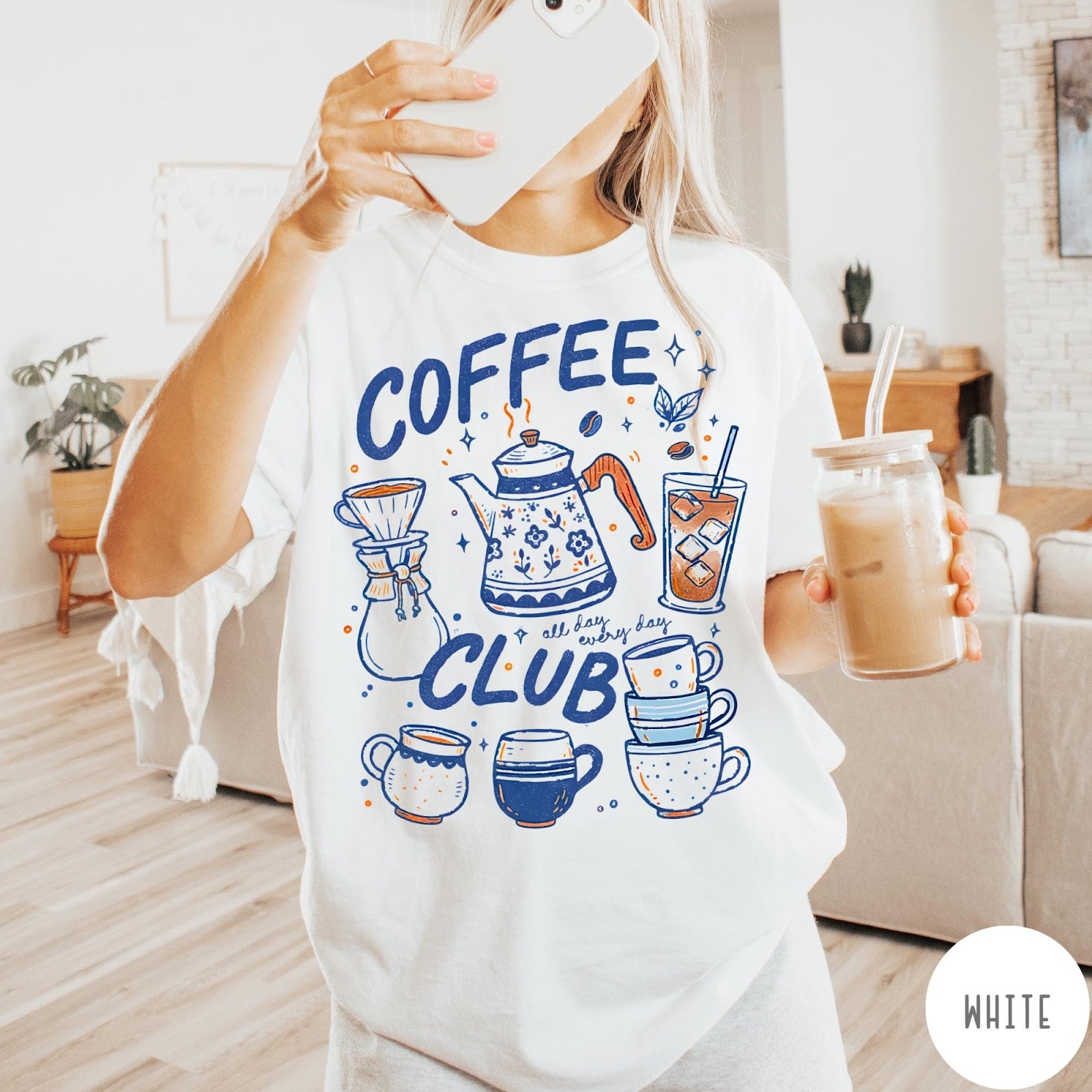 Comfort Colors tee in White featuring retro graphic with coffee pots, mugs, and iced coffee drink illustration