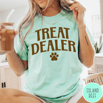 Comfort Colors tee in Island Reef featuring dog owner design style with Treat Dealer text and paw print